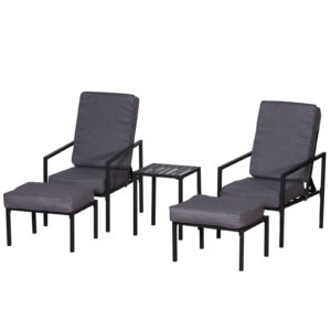 Set 2 Sezlonguri cu Suporturi pentru Picioare Perne si Masuta din Metal si Poliester Gri si Negru