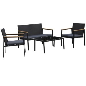 Set Mobilier Gradina din Ratan cu 4 Piese 2 Scaune Terasa cu Brate, Banca si Masa de cafea in Otel, 80x42x37cm Culoarea Negru | Aosom.ro