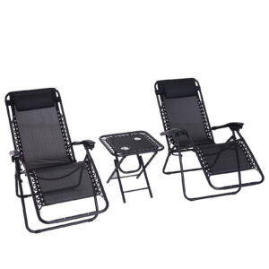 Set Mobilier de Gradina 2 Scaune Rabatabil si Masuta Reglabila Pliabila,Tesatura de Textilen, Negru