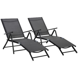 Oustunny Set 2 Sezloguri de Gradina Pliabile cu Spatar Reglabil in 7 Pozitii, din Aluminiu si Plasa Respirabila, 64x134x95cm, Negru