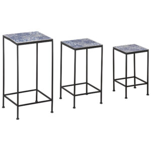 Suport plante din metal cu suprafata cu placi din ceramica floral, set 3 bucati pentru gradina si balcon albastru si negru