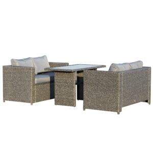 Set 3 Piese Mobila de Gradina cu 2 CAnapele cu Perne si?ÿ 1 Masa din Rattan PE, Salon de Exterior Gri-Negru