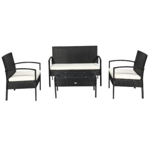 Set Mobilier Gradina din Ratan 4 Piese cu Masa de cafea, 2 Fotolii terasa si Canapea pentru Extern cu Perne, 108x60x77cm Coloarea Negru