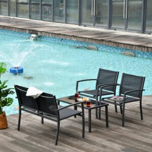 Set de Gradina 4 bucati cu Masuta de cafea, 2 Scaune si o Panca in Metal, Negru