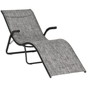 Sezlong pentru Plaja de Gradina Pliabil, Chaise Longue de Exterior Ergonomic din Metal si Tesatura Plasa, Gri