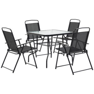 Set Mobilier de Gradina 5 Piese din Metal, Salon de gradina cu 4 Scaune Pliabile si Masa cu orificiu pentru Umbrela, Negru
