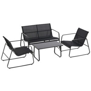 Set Masa Banca si 2 Scaune de Gradina, Mobilier de Exterior din Metal si Textilen, Neagra