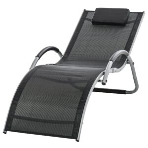 Sezlong pentru Plaja din Aluminiu, Sezlong de Gradina din Textilen Negru cu Tetiera Detasabila 160x60x65cm