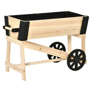 Pat de gradina inaltat cu 2 roti din lemn, jardiniera suport plante, pentru gradina si balcon, 87x40x59cm
