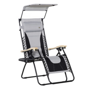 Sezlong de Gradina Zero Gravity Pliabil si Rabatabil, cu Baldachin, Tetiera si Suport pentru Pahare, Gri Deschis