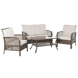 Set Mobilier de Gradina din Ratan Maro, Set Masuta, Scaune si Canapea de Exterior 4 piese cu Perne Puf Kaki