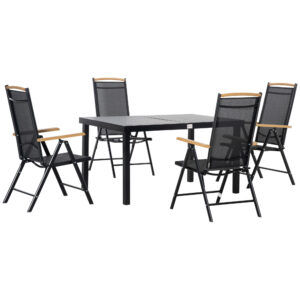 Set Mobilier de Gradina de 5 Piese din Aluminiu, Set de Masa cu 4 Scaune de Exterior Pliabile Reglabile pentru 4 Persoane, Negru