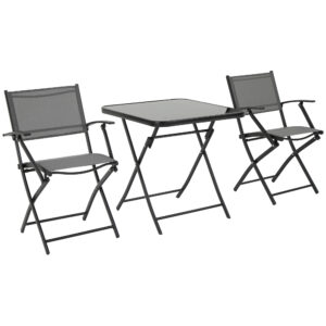 Set Masa cu 2 Scaune de Gradina Pliabile, Set Mobilier de Gradina cu Sticla Securizata, Gri