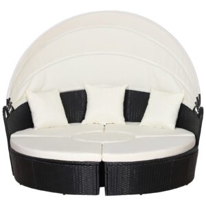 Set 5 Piese Canapea Circulara de Gradina, Mobilier Modular din Ratan Negru, Acoperis si Perne Bej 180x175x147cm Modulare, Negru |