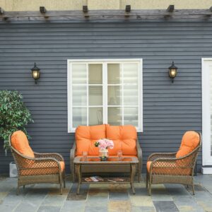 Set Mobilier de Gradina in Ratan PE cu 2 fotolii si Masa cu Perne, Culoare Kaki si Portocaliu