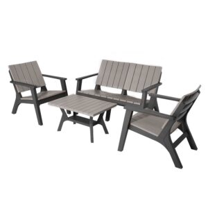 Set Masuta si Scaune de Gradina, Mobilier de Exterior cu Masa si Scaune Adirondack, 4 Piese, Gri si Negru