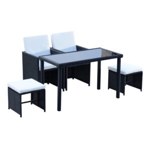 Set Mobila de Gradina Rattan 5 Buc Masa 2 Scaune 2 Taburet cu Perne Combinate Rectangulare, Negru